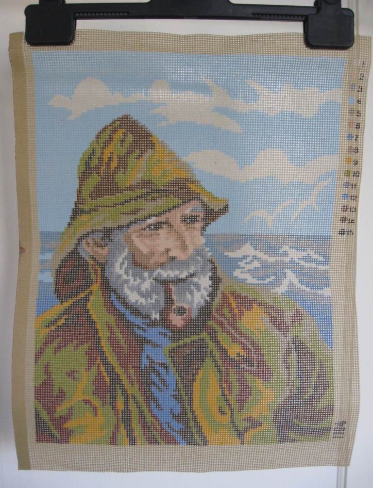 Unworked tapestry SAILOR / FISHERMAN portrait, no wools