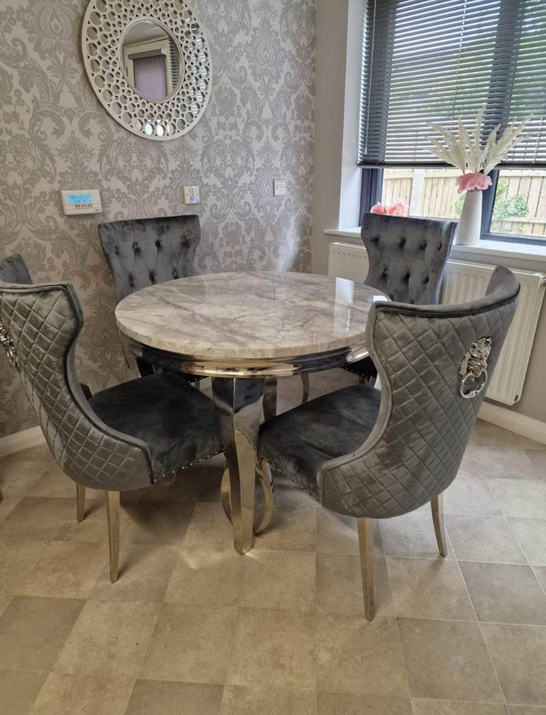 Stylish Round Dining Table with Marble Effect Top and 4 Grey Velvet Chairs