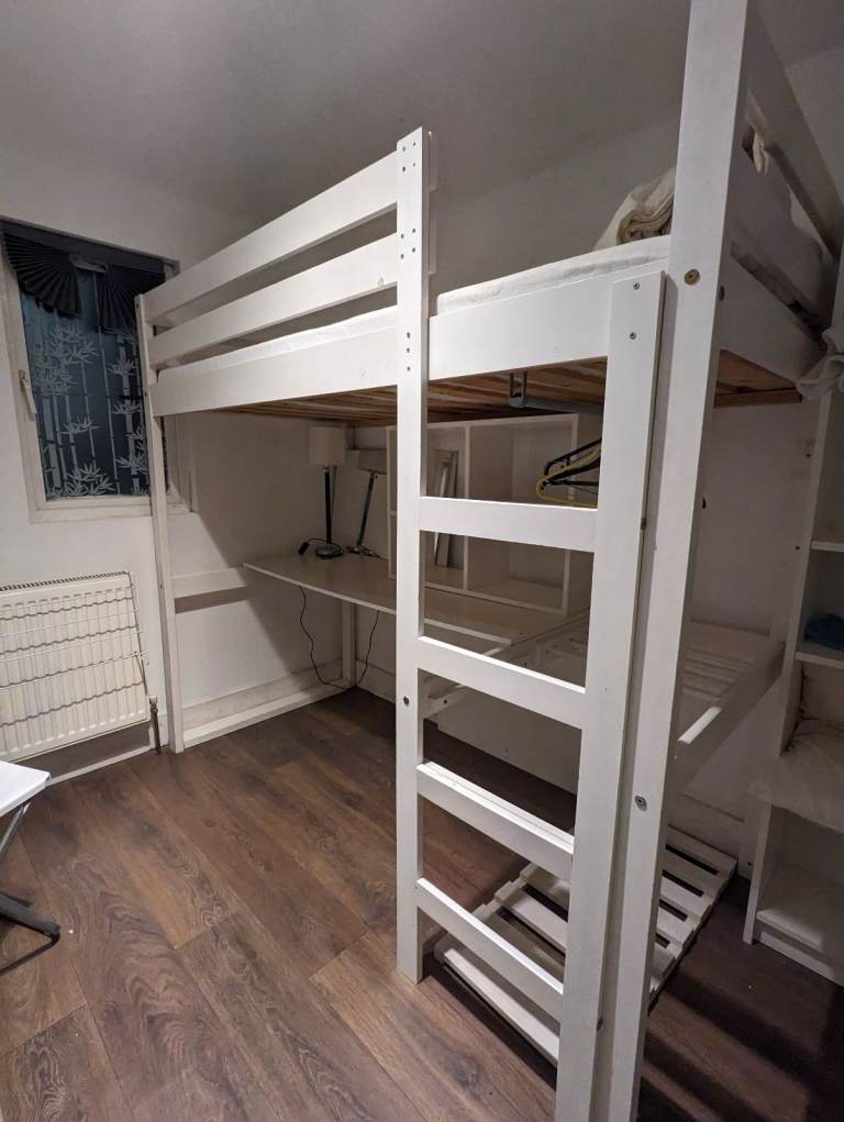 High sleeper wooden single white bunk loft bed frame w desk clothes rail