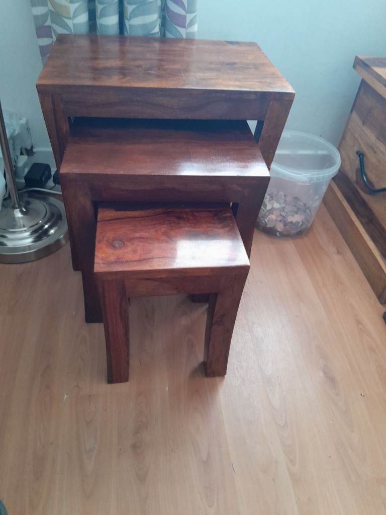 Dark Brown Wooden Nest of 3 Tables – Good Condition