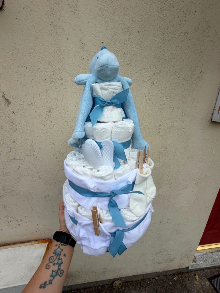 New Baby Boy Nappy Cake with Blue Soft Toy