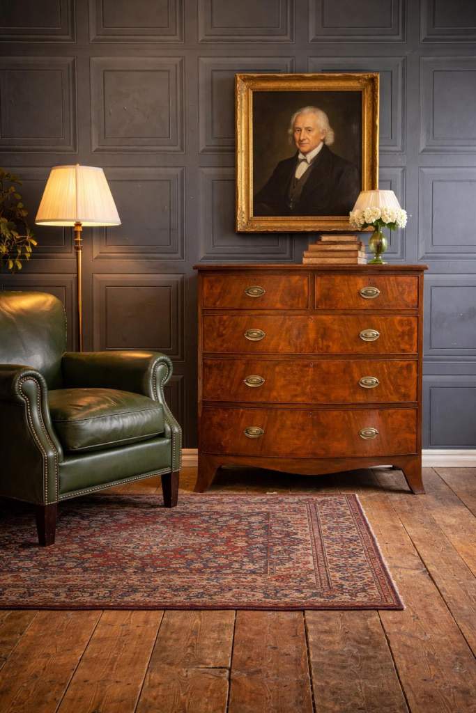 SOLD Antique Victorian Rich Mahogany & Brass on Bow-front Chest of Drawers c1840