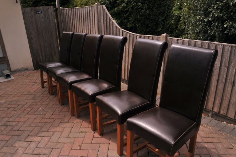 Set of 6 Brown Leather Dining Chairs - Good Condition