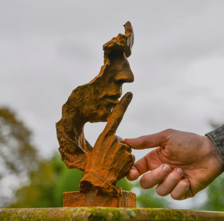 Rustic Cast Iron Abstract "Shushing" Head Bust Garden Sculpture