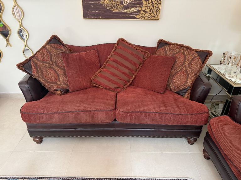 Comfy Red Fabric Sofa & Armchair Set - Good Condition