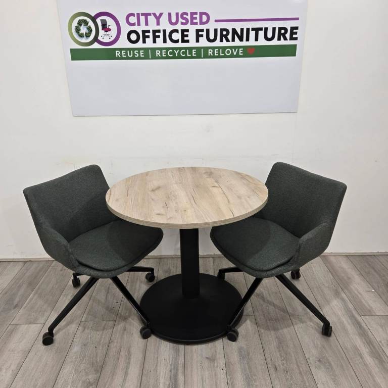 Round Meeting Table Set – Grey Oak Table with 2 x Black Swivel Chairs