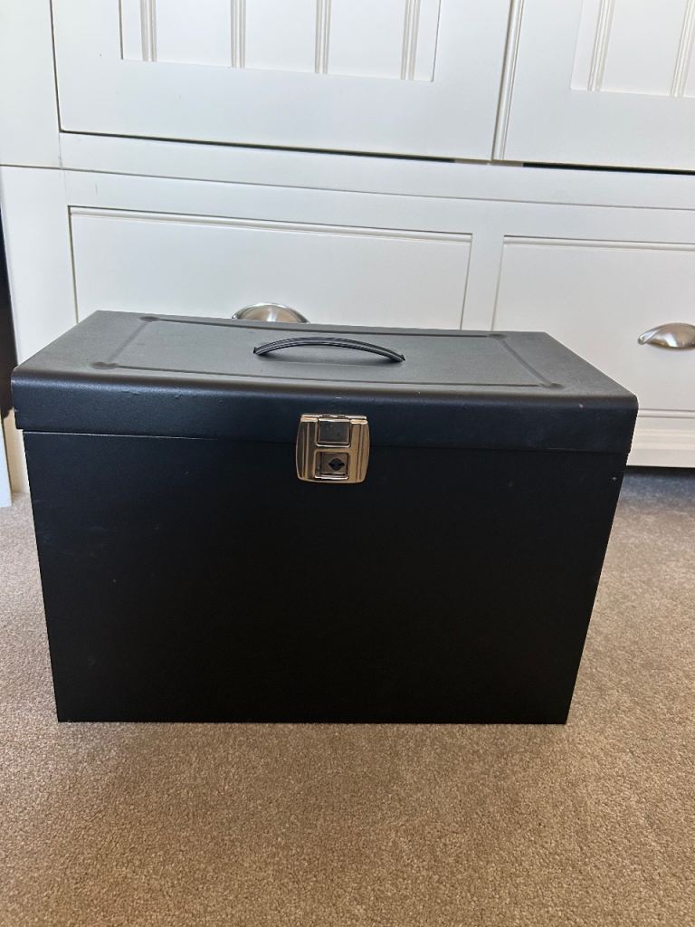 Black metal filing box with two keys
