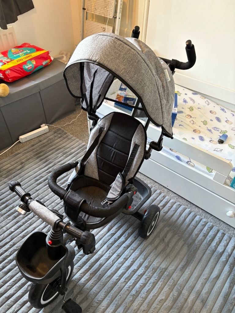 Grey Child's Tricycle with Parent Push Handle and Sun Canopy