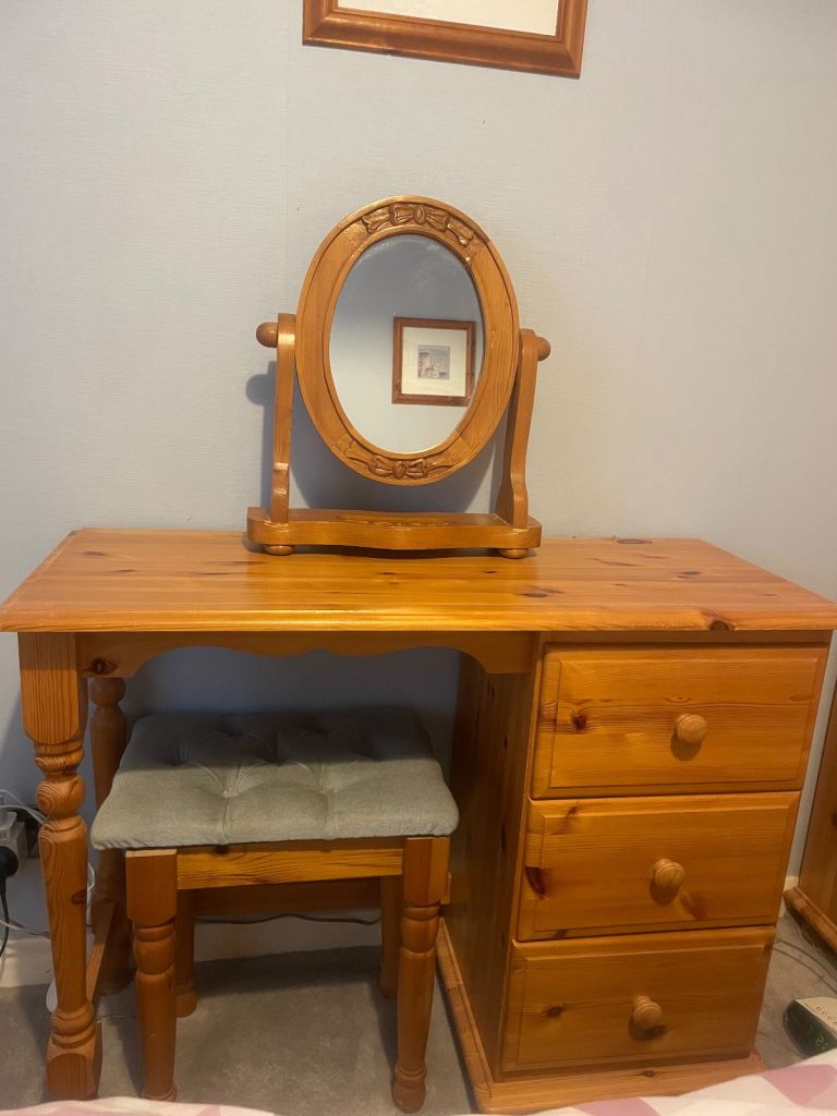 Pine Dressing Table with Mirror and Stool