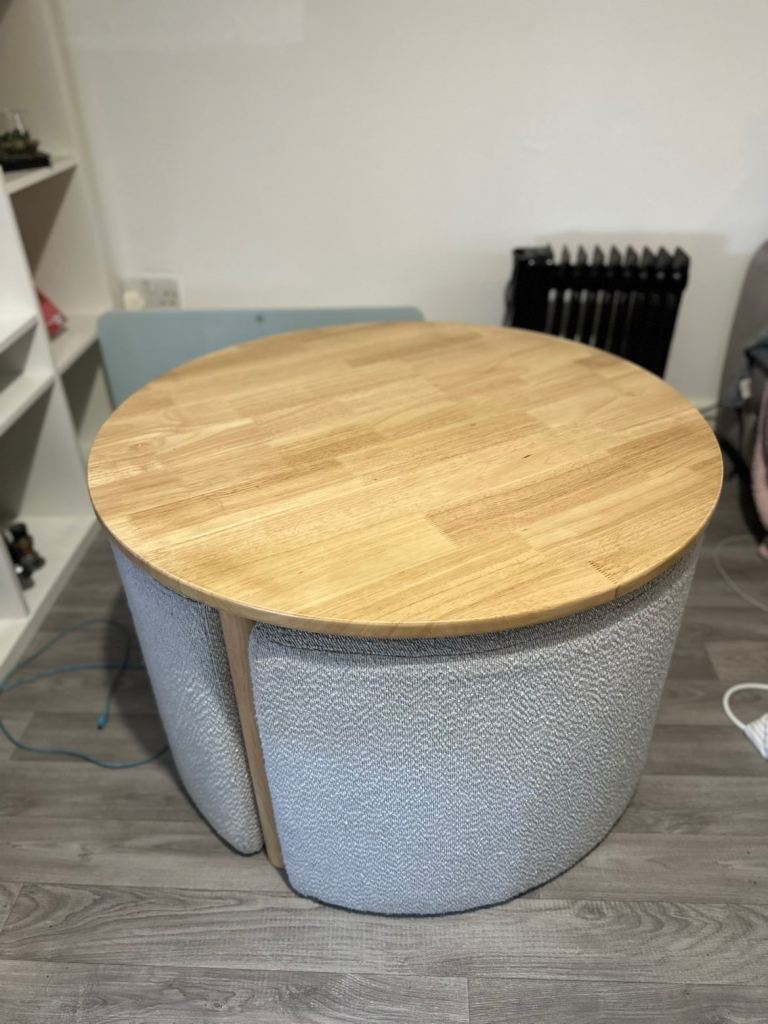 Round Wooden Coffee Table with 3 Grey Stools