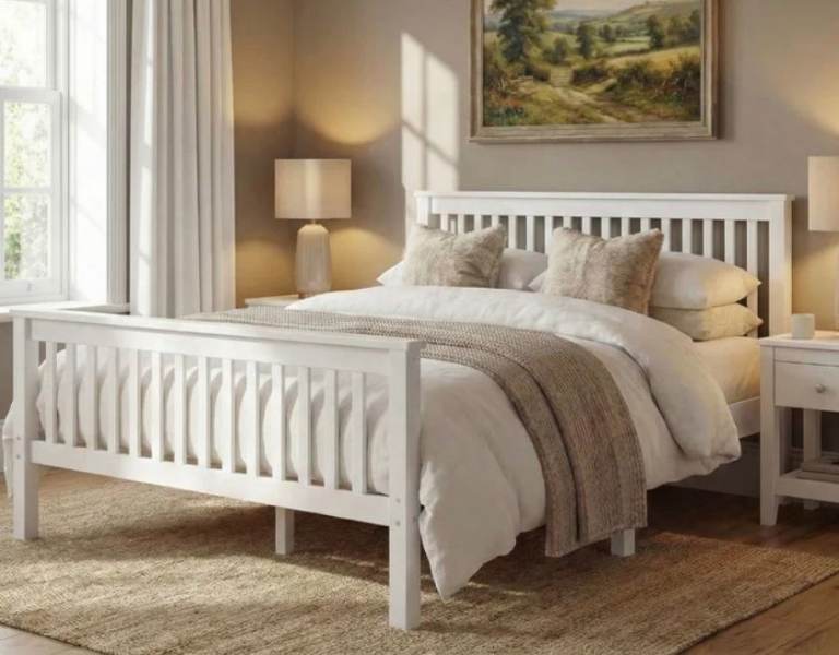 White Wooden Double Bed Frame with mattress 
