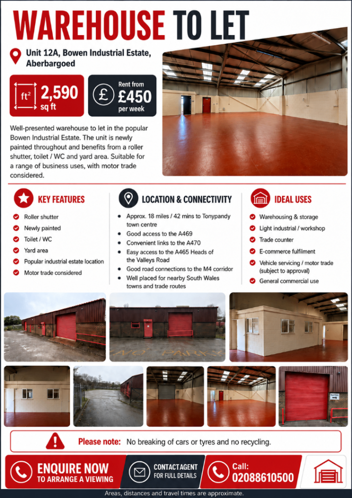 2598 sq ft warehouse to let in popular Bowen Industrial Estate, Aberbargoed. No deposit!
