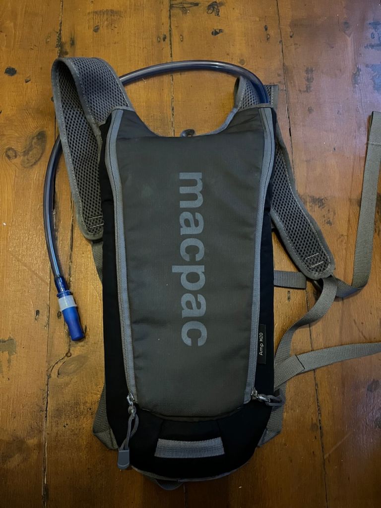 Macpac running/hiking backpack + water bladder + self-tying laces + emergency blanket