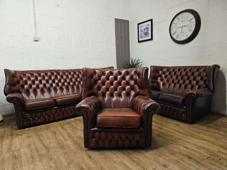 Original 1960s Oxblood Red Chesterfield Sofa Suite – Handmade in England (Free Delivery Included)🚚