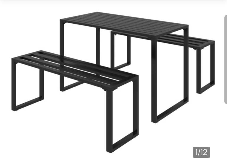 New Black Metal Outdoor Dining Table and Two Benches Set