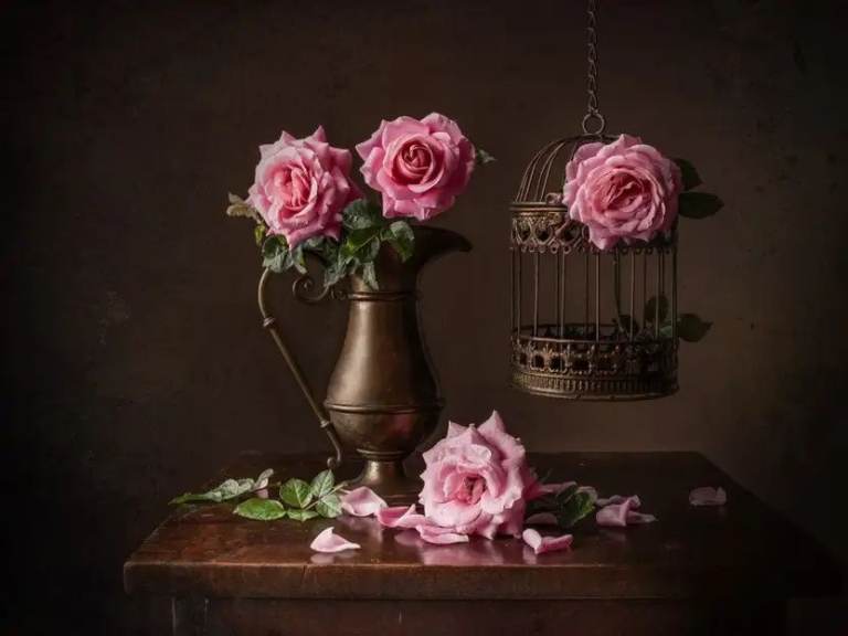 VINTAGE ART ROSE IN BIRDCAGE PRINT FRAMED