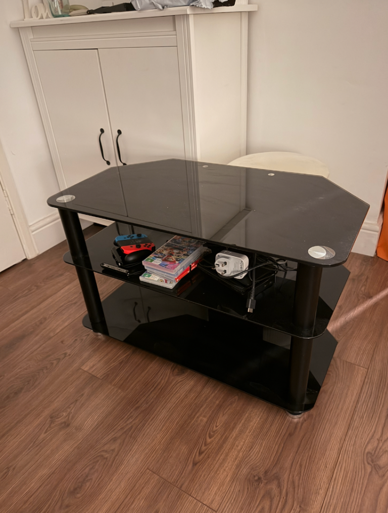 Black Glass TV Stand / Media Unit – Good Condition