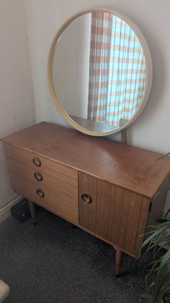 Vintage mid century teak retro dresser dressing table cabinet round mirror