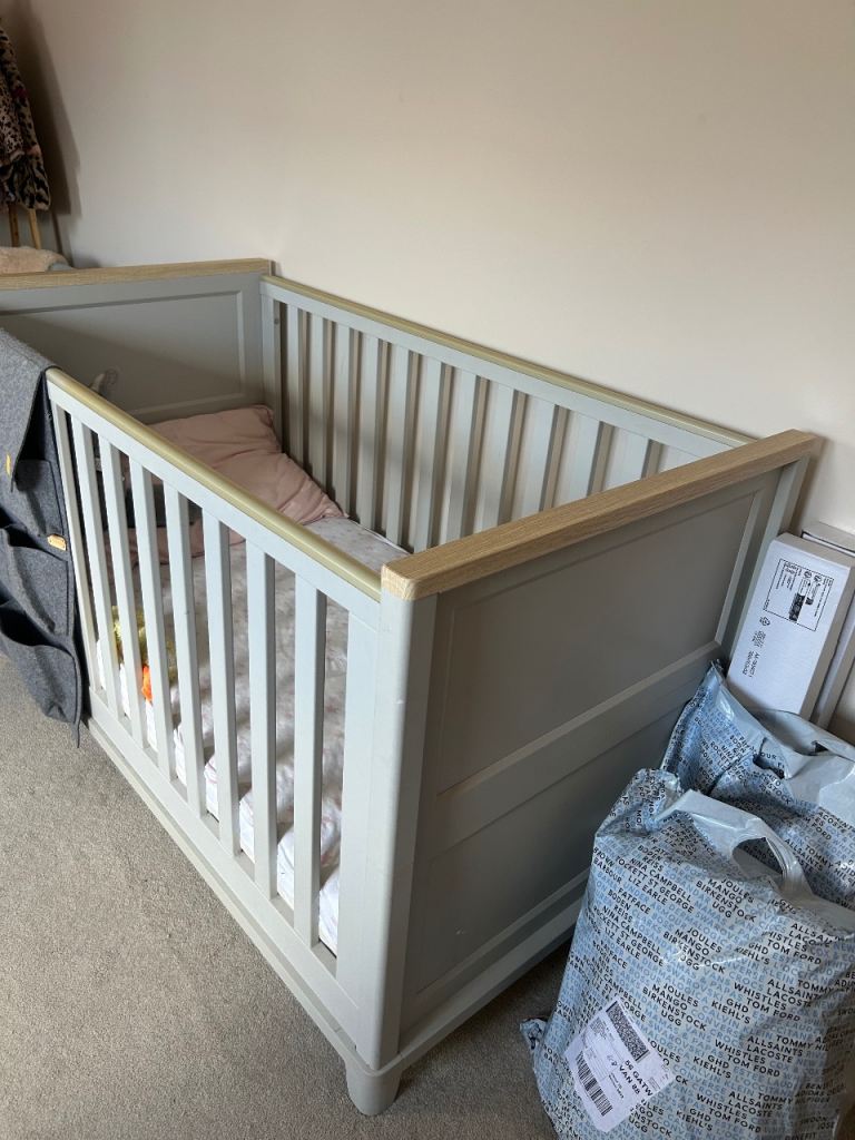 Baby Cot Bed with Mattress – Grey and Wood, Good Condition