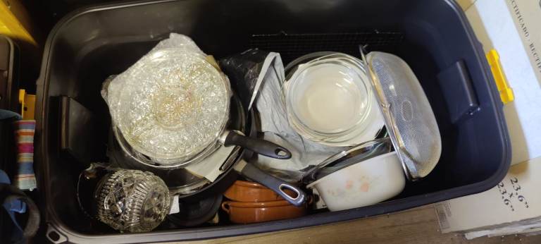 Mixed Kitchen Pots, Pans, and Glassware Bundle – Good Condition