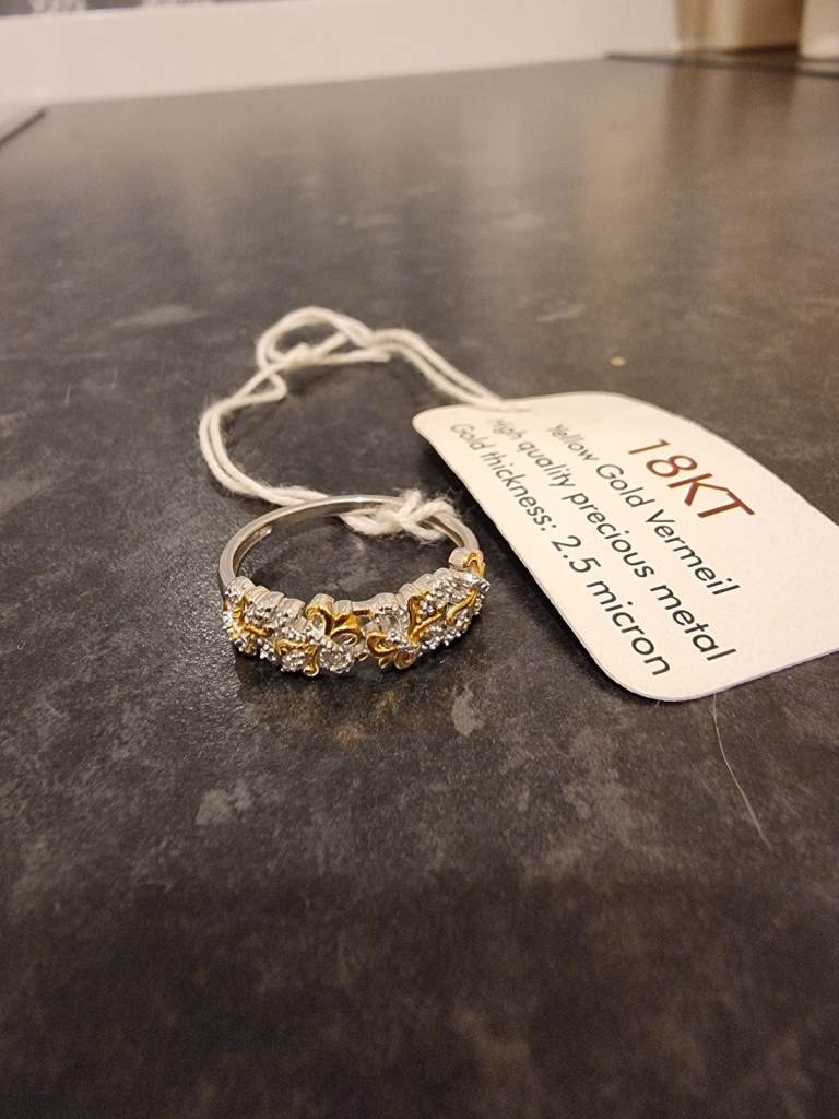 Diamond fleur de lis ring 18k platinum plated sterling silver