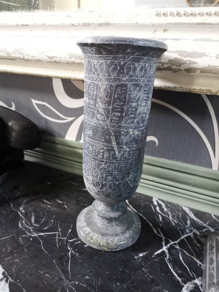 🏺 Unusual & Heavy Solid Carved Engraved Stone Vase with Egyptian Hieroglyphs