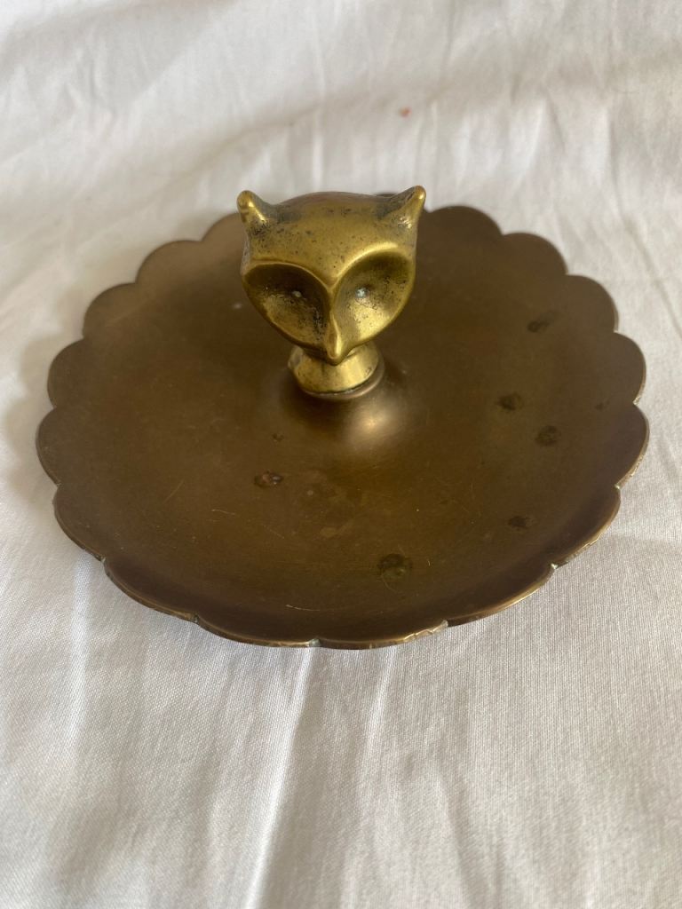 Vintage Brass Owl Figural Ashtray with Scalloped Edge Tray
