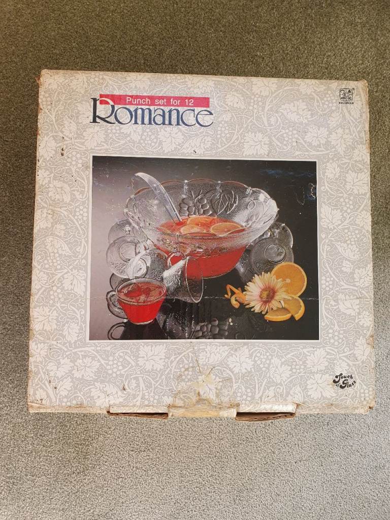 Vintage 'Romance' glass punch bowl and 12 glass cups