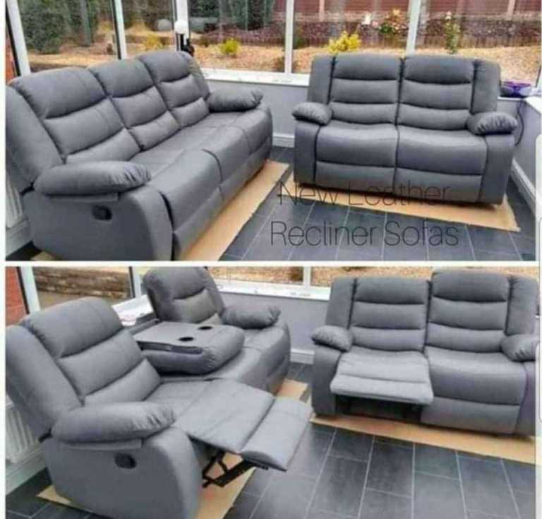 Roma Recliner Leather | Brand New Corner and 3+2 Seater Sofa with cup Holder | Grey & Black Color