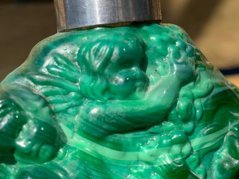 Rare Antique Art Deco Malachite Glass Putti Perfume Scent Bottle