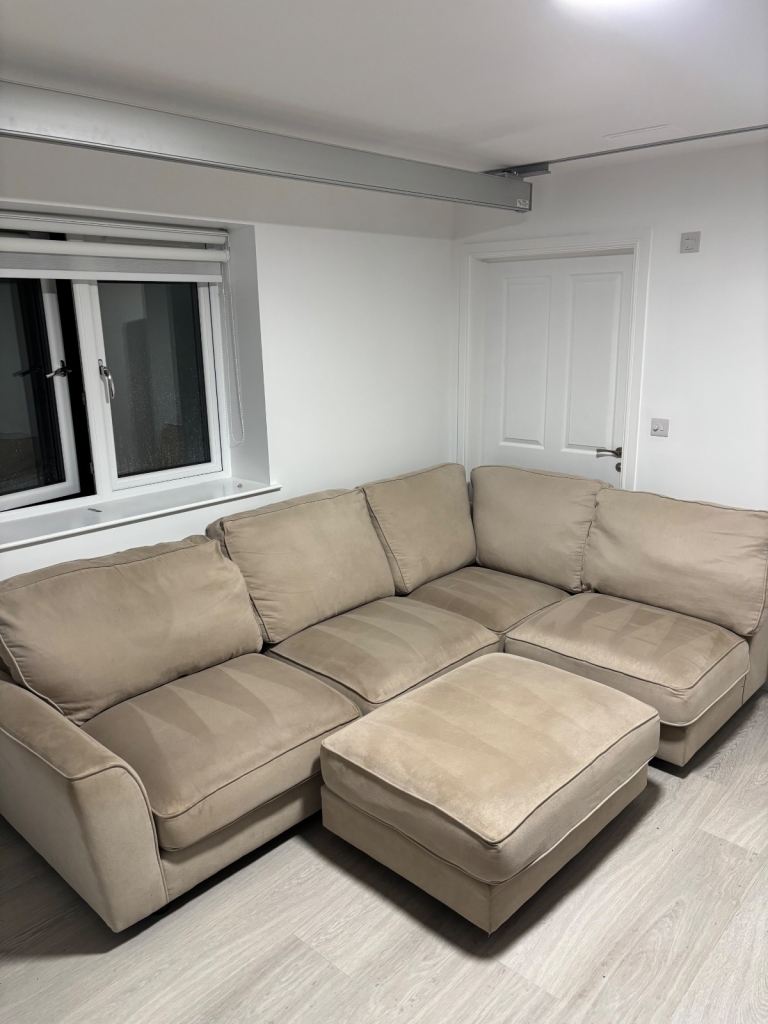 LARGE BEIGE CORNER SOFA & FOOTSTOOL (CAN DELIVER)