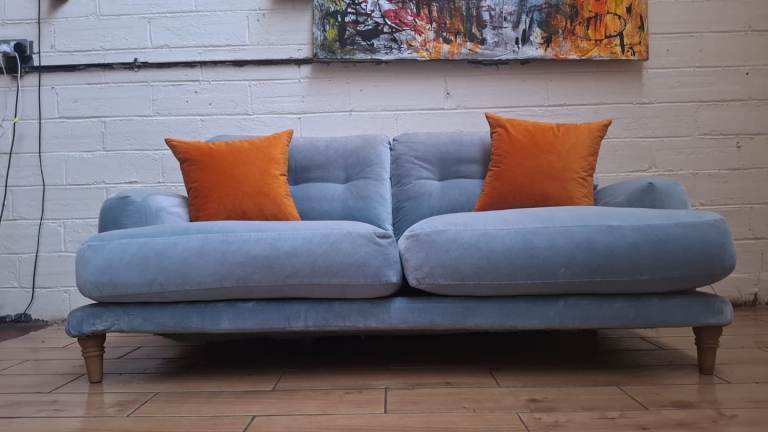 Loaf Sugar Bum medium sofa in blue velvet RRP £3000