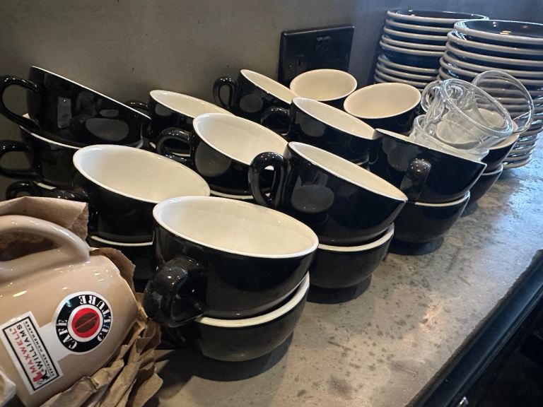 Acme Black Ceramic Coffee Cups & Saucers - Good Condition
