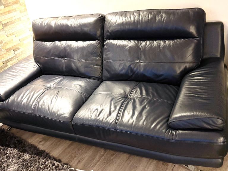 Navy Blue Leather Two & Three-Seater Sofa – Good Condition