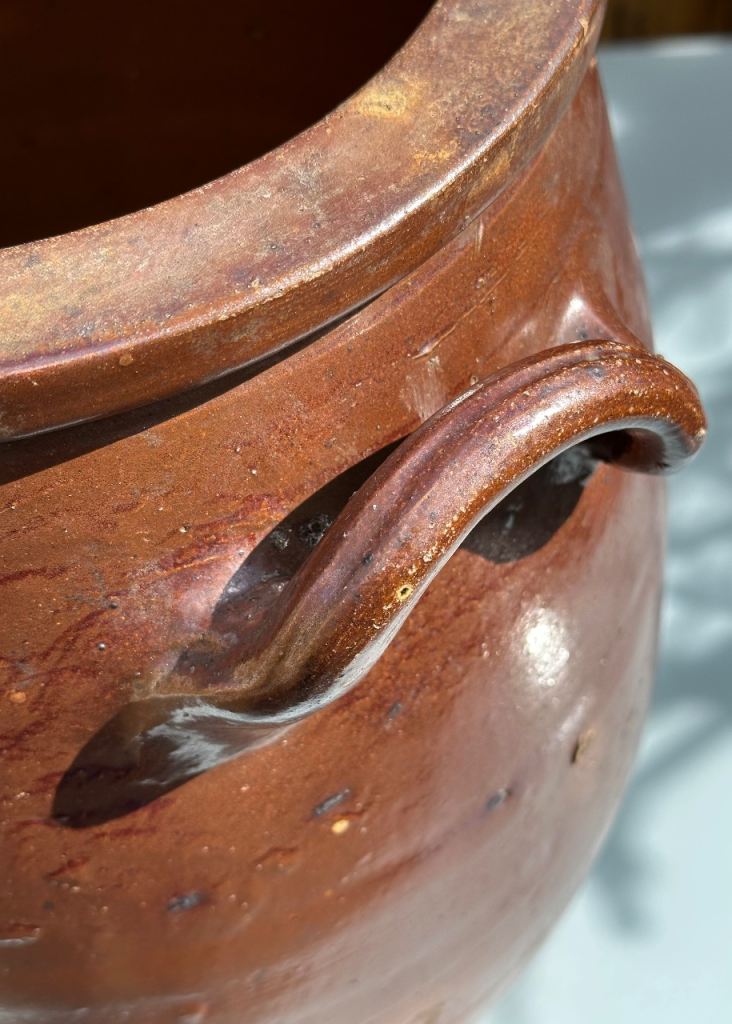 LARGE ANTIQUE FRENCH STONEWARE PLANTER URN, CONFIT JAR POT, SALTING JAR - H47cm 7.8kg - WILL POST!