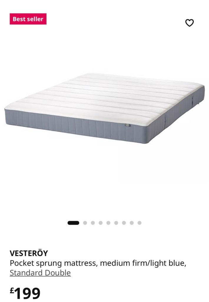 IKEA VESTERÖY Pocket Sprung Mattress – Standard Double, Light Blue
