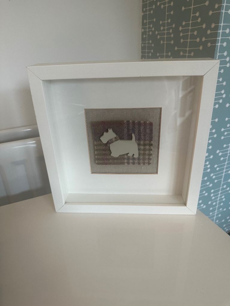 A Very Cute Wooden Scottie Dog, With Purple-Hued Tartan Background, Box Framed Picture