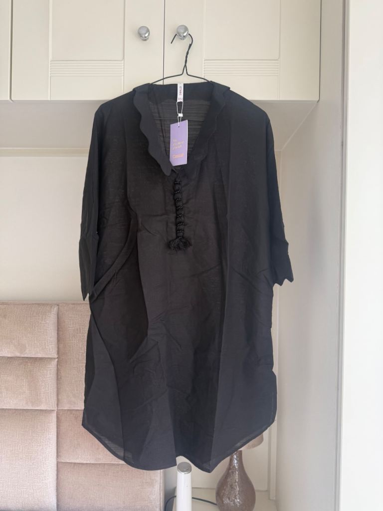 Ethnic New Black Tunic Top with Scalloped Neckline – Size Medium