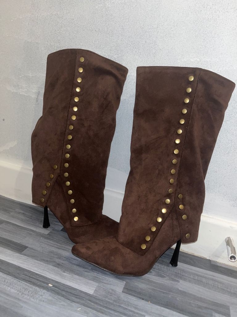 Brown fold over stiletto heel boots