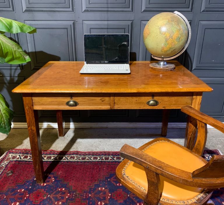 Vintage Antique Oak & Pine School Teachers Office Desk Table, 2 Drawer with Brass Cup Handles 40s