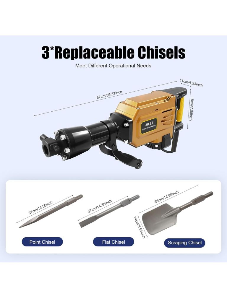 New demolition hammer drill with 3 chisels and carry case
