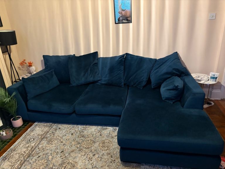 image for DFS Navy Plush Velvet Pillow Back Left Hand Facing Small Chaise End Sofa and footstool