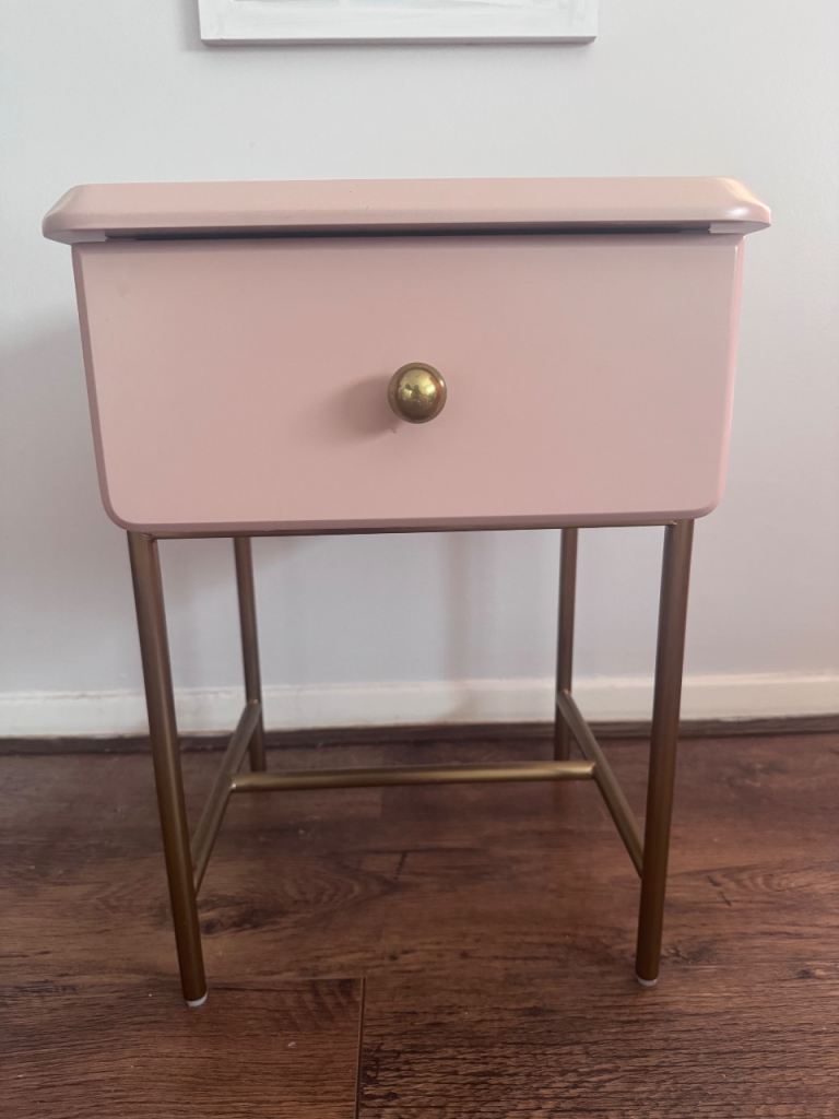 Pink bedside table with gold legs and knob (with drawer)