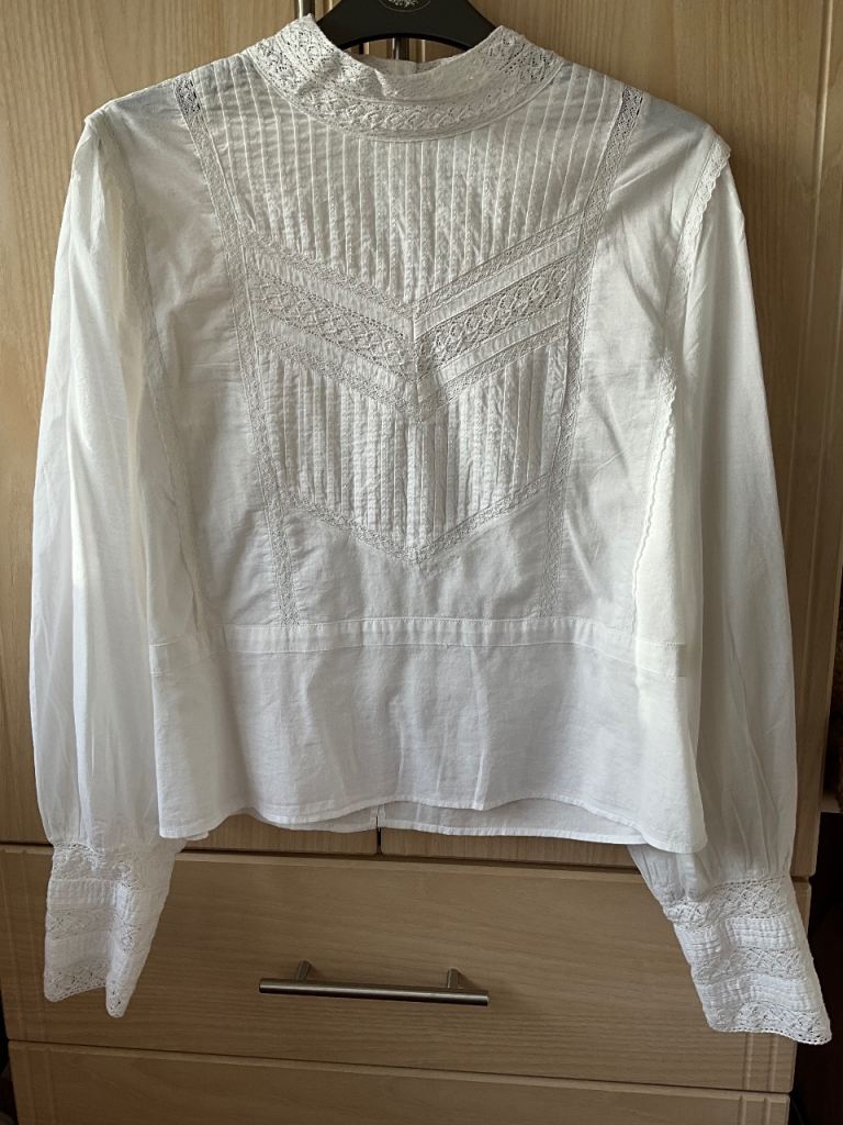 Wrap London White Pintuck Blouse, High Neck, Wide Cuffs, Lace, Pleats, Size 10 VGC