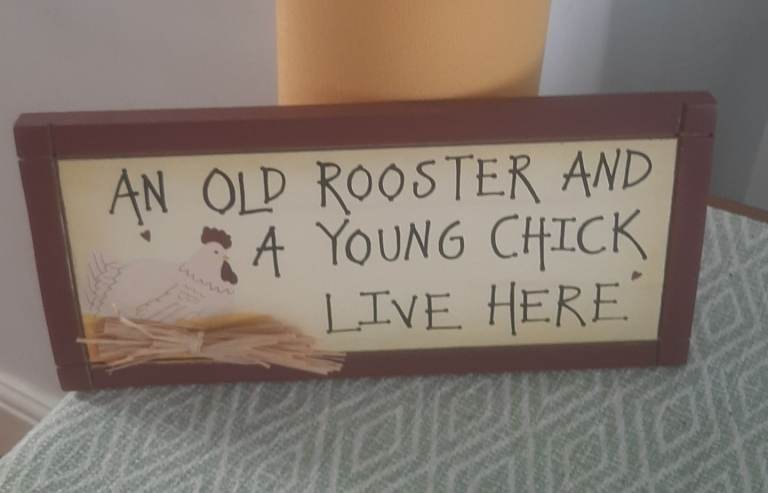 Wooden Wall Decor Sign - 'An Old Rooster and a Young Chick Live Here'