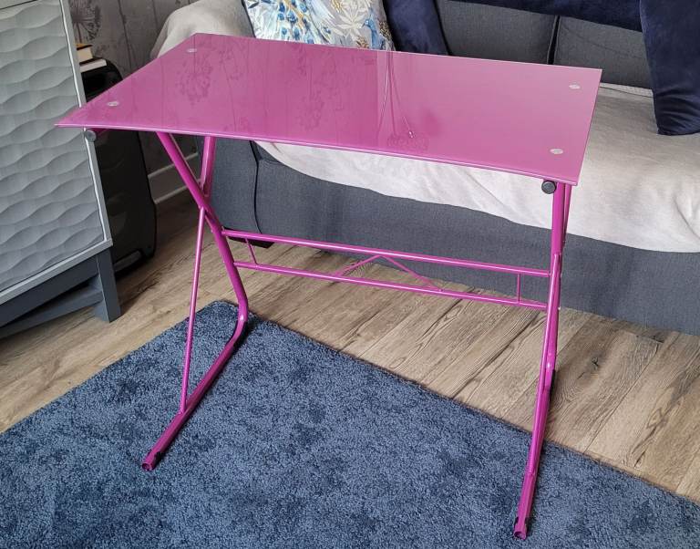 Compact glass topped desk office bedroom pink purple