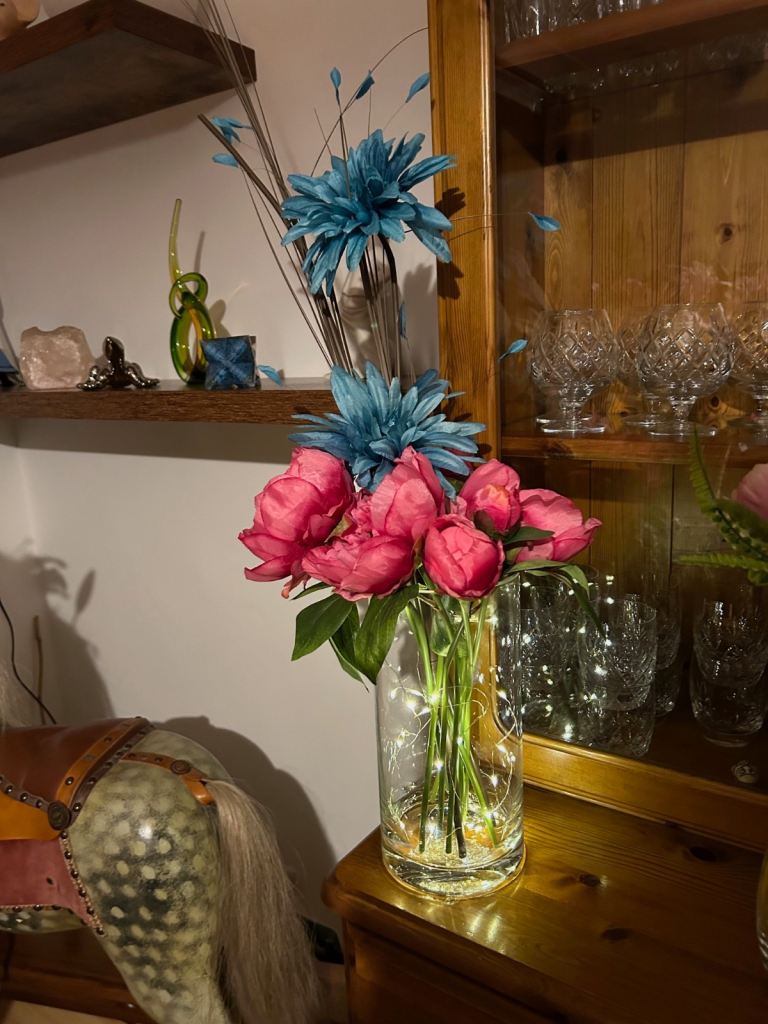 Large cylinder Vase with mums peonies fairylights decor venue