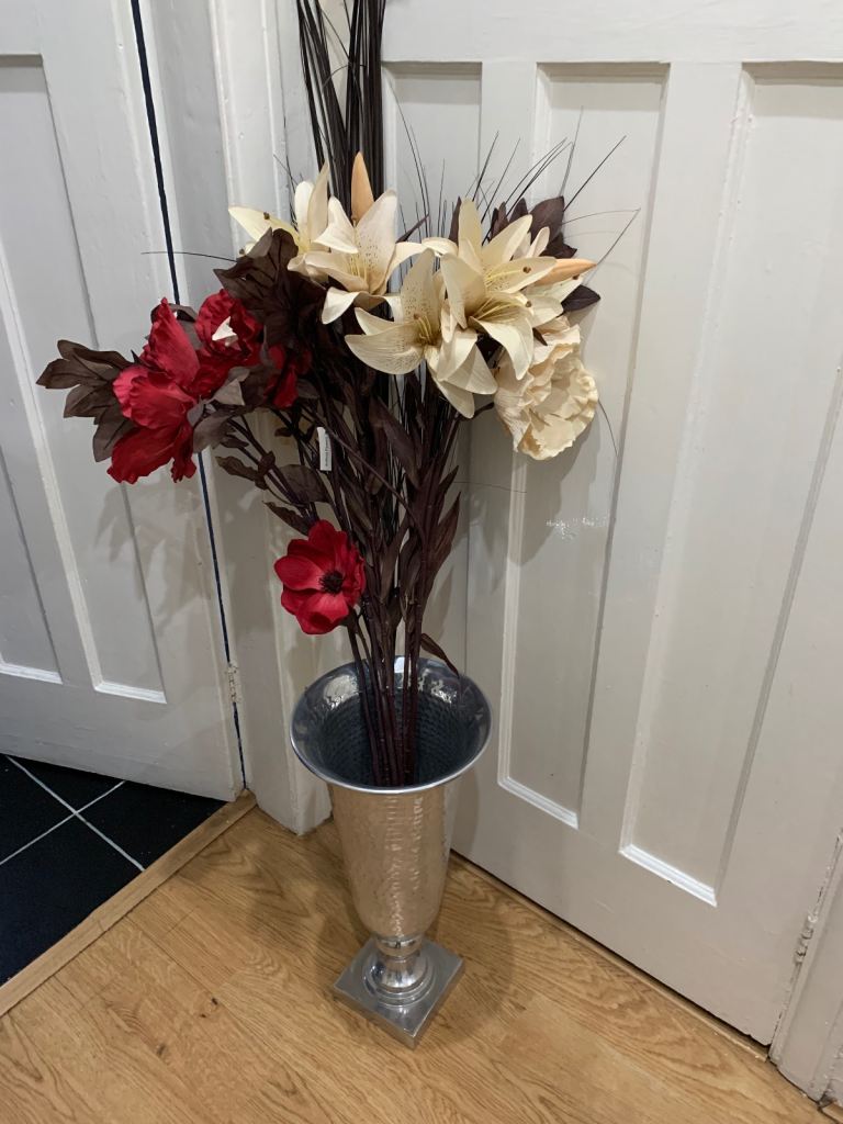 Large Silver Floor Vase with Decorative Flowers