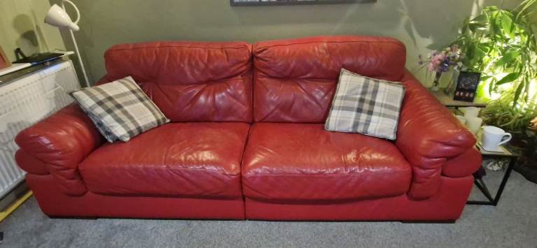 Red leather 4 seater sofa 