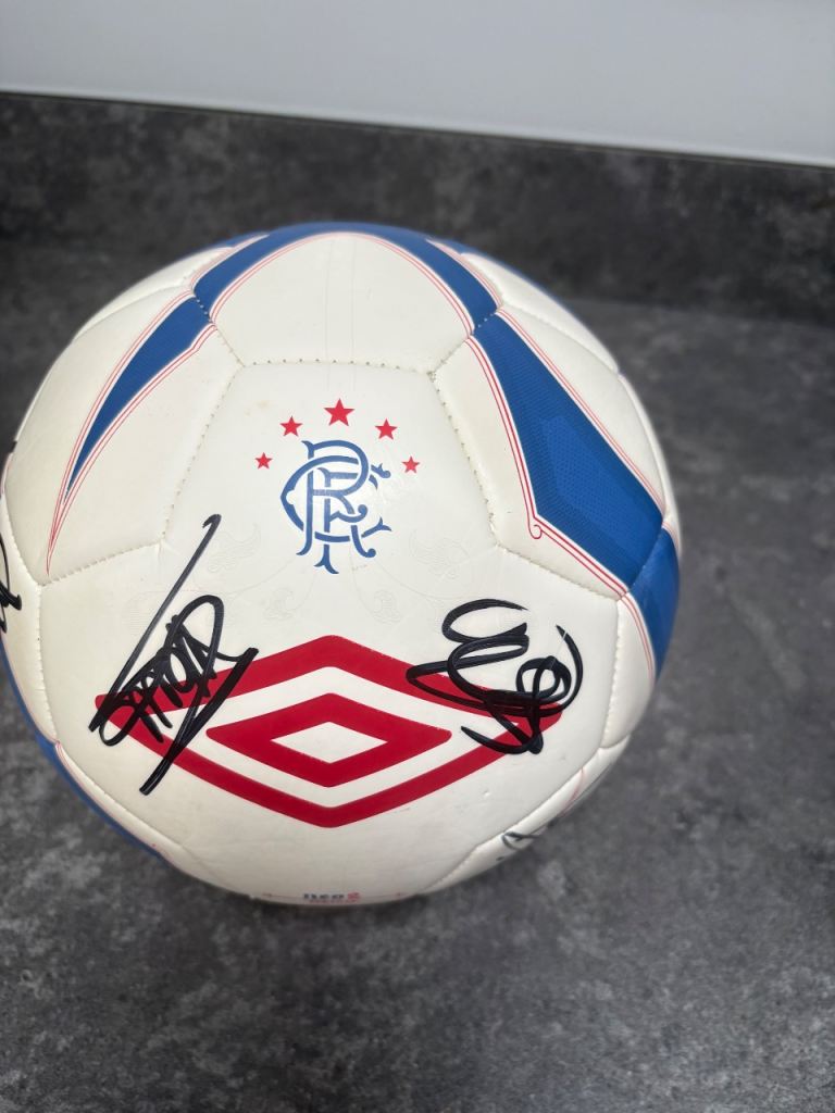 Rangers FC Signed Football – White and Blue, Good Condition